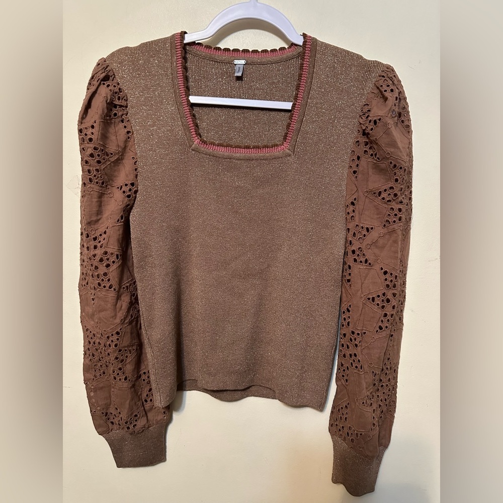 Bl^nk Anthropologie Square Neck‎ Sweater Islet Sleeves Size Small Boho Preppy